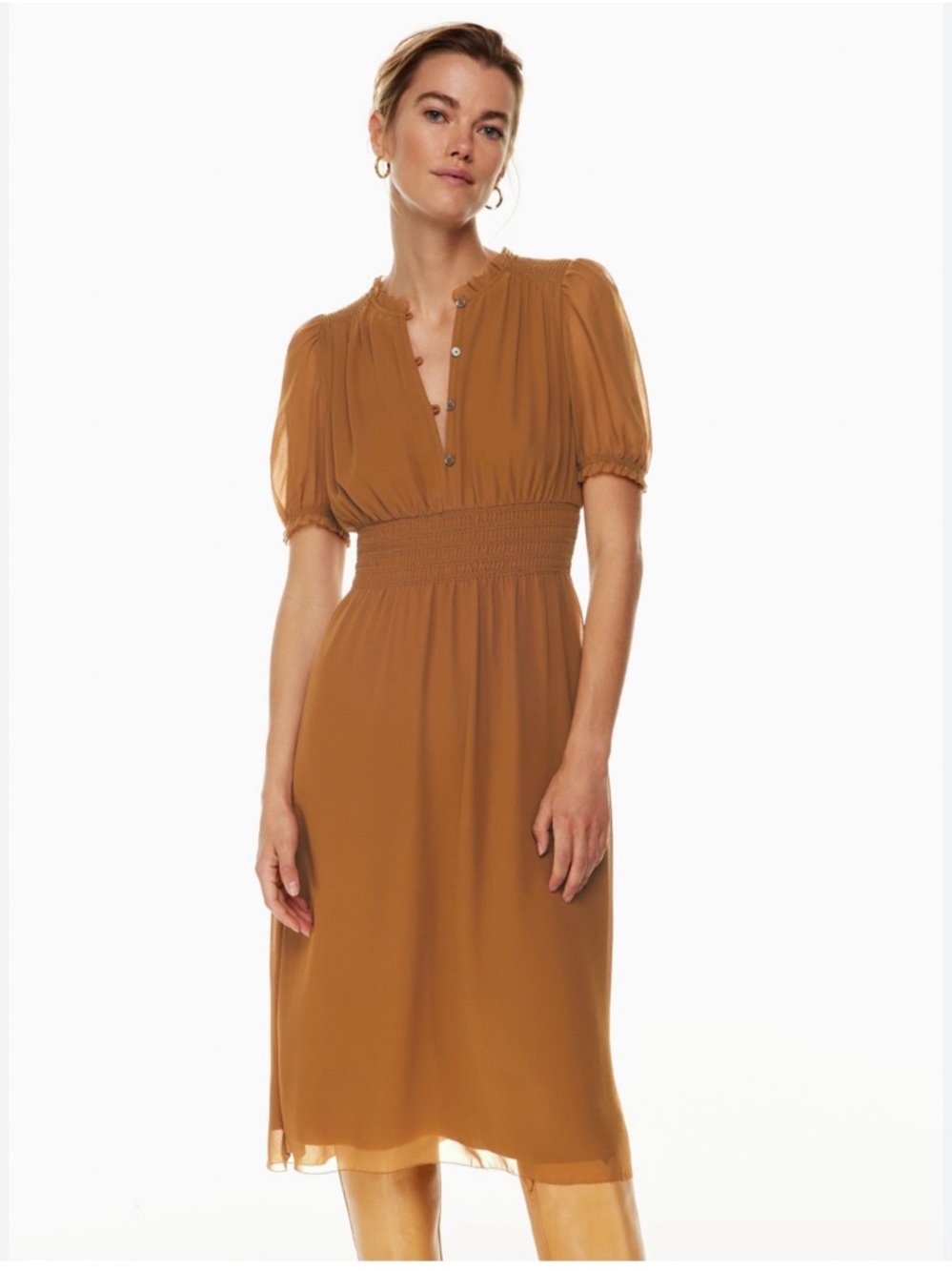 Wilfred Aritzia Daughter Smocked Waist Short Sleeve Midi Dress Gold Sz S